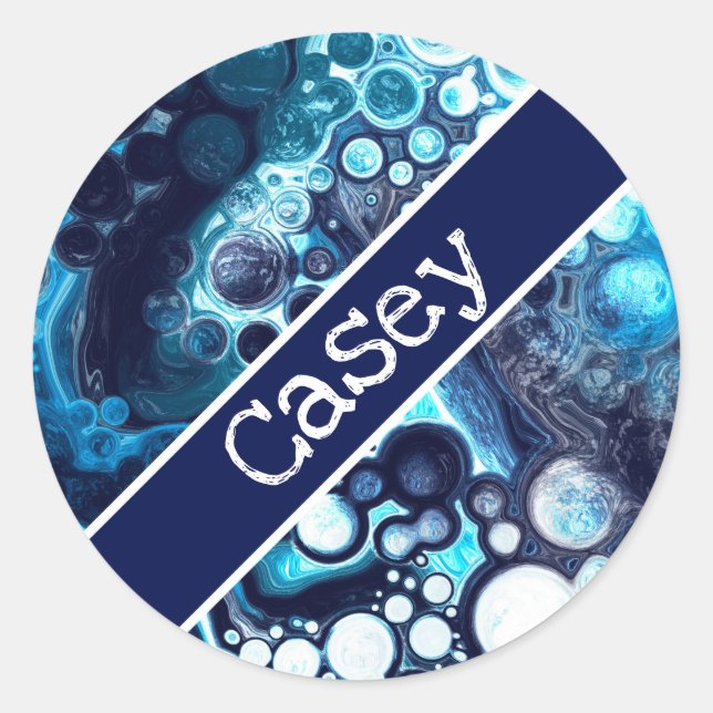 Personalized Blue and White Marble Fluid Art    Classic Round Sticker (Front)