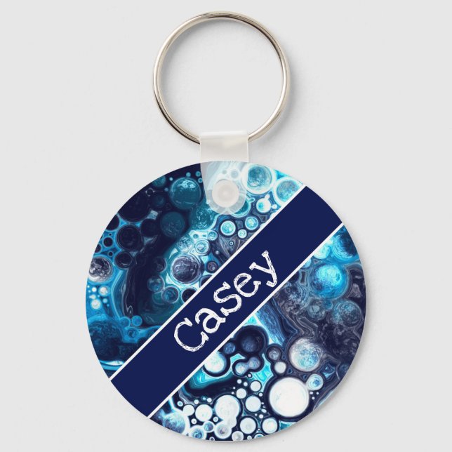 Personalized Blue and White Marble Fluid Art    Keychain (Front)