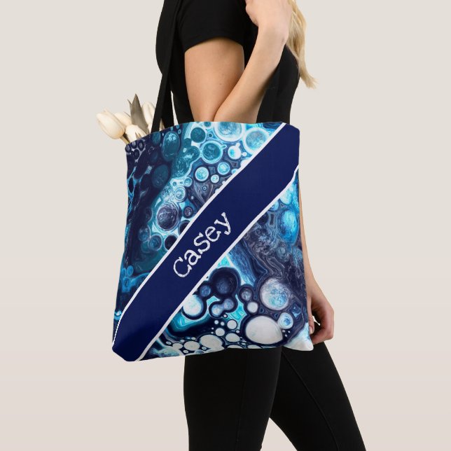 Personalized Blue and White Marble Fluid Art    Tote Bag (Close Up)