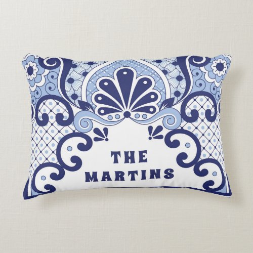 Personalized Blue and white Mexican Talavera Tile Accent Pillow