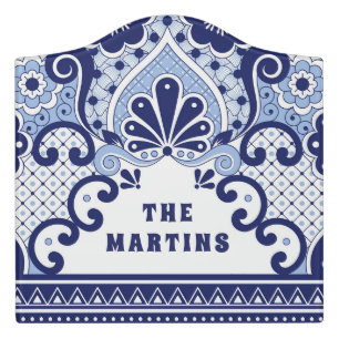 Personalized Blue and White Mexican Talavera Tile Door Sign