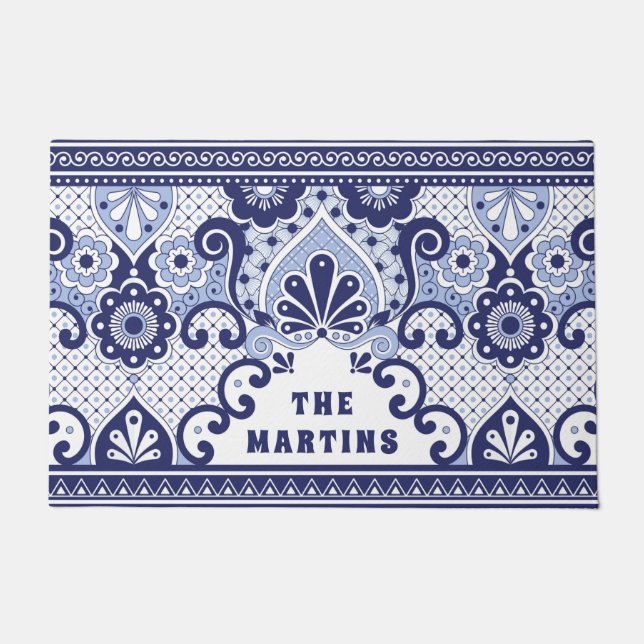 Personalized Blue and White Mexican Talavera Tile Doormat (Front)