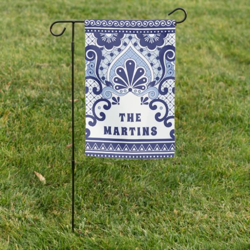 Personalized Blue and White Mexican Talavera Tile  Garden Flag