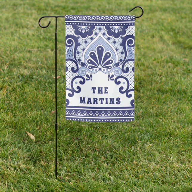 Personalized Blue and White Mexican Talavera Tile  Garden Flag (In SItu)