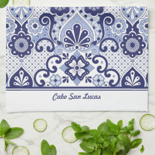 Personalized Blue and White Mexican Talavera Tile Kitchen Towel