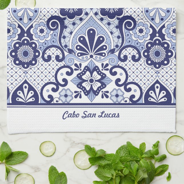 Personalized Blue and White Mexican Talavera Tile  Kitchen Towel (Folded)