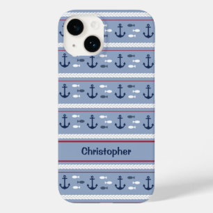 Personalized Blue and White Nautical Anchors Case-Mate iPhone 14 Case
