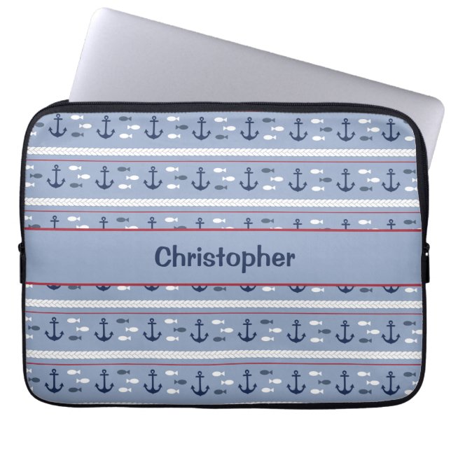 Personalized Blue and White Nautical Anchors  Laptop Sleeve (Front)