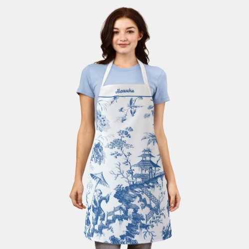 Personalized Blue and White Pagoda Chinoiserie Apron