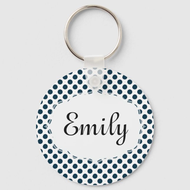 Personalized Blue and White Polka Dot Keychain (Front)