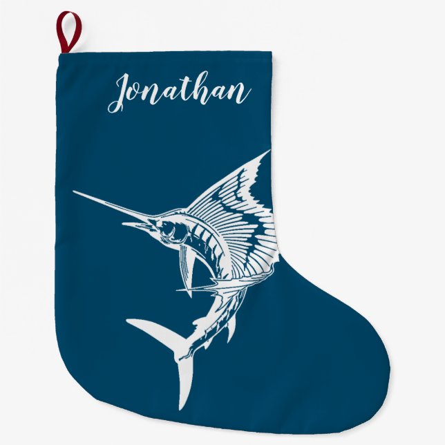 Personalized Blue and White Sailfish Stocking (Front)