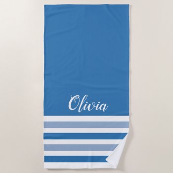 Personalized Blue And White Striped Beach Towel by InTrendPatterns at Zazzle