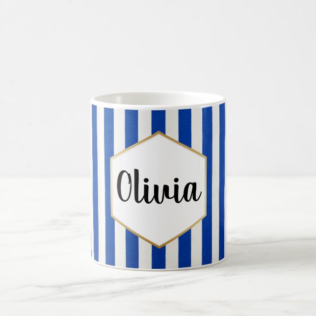 Personalized Blue and White Striped Coffee Mug (Center)