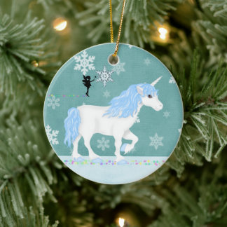 Personalized Blue and White Unicorn and Fairy Ceramic Ornament