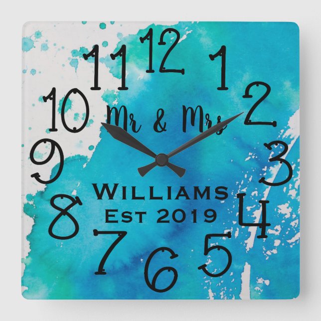 Personalized Blue and White Watercolor Custom Square Wall Clock (Front)