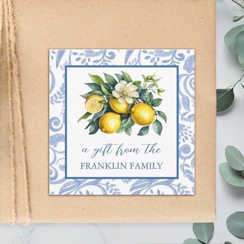 Personalized Blue and White Watercolor Lemons Enclosure Card