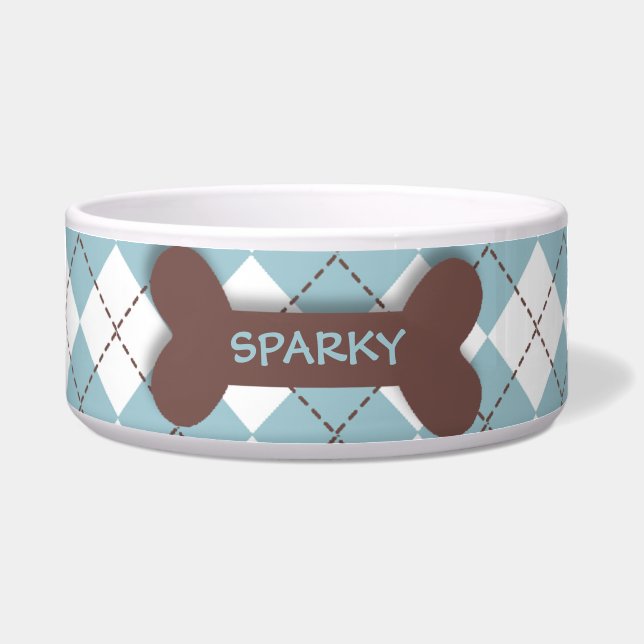 Personalized blue argyle dog bone pet food bowl (Front)