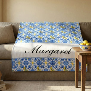 Personalized Blue Azulejo Watercolor Monogram Name Fleece Blanket
