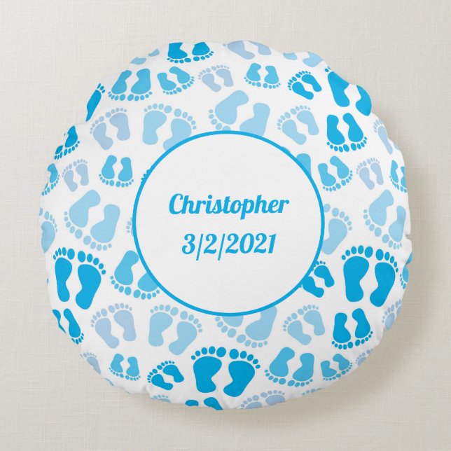 Personalized Blue Baby Boy Baby Feet Round Pillow (Front)