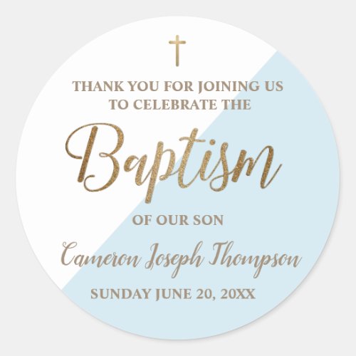 Personalized blue Baby boy baptism thank you Classic Round Sticker