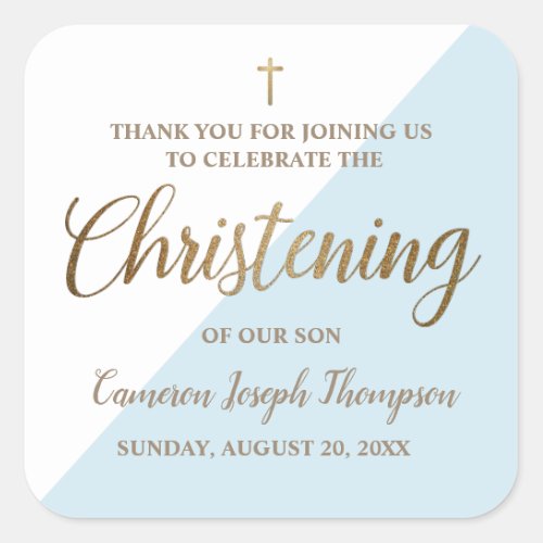 Personalized blue Baby boy Christening thank you Square Sticker
