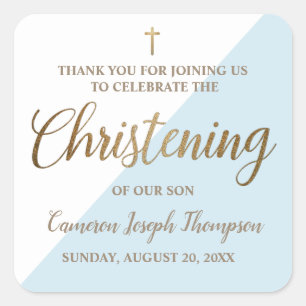 Personalized blue Baby boy Christening thank you Square Sticker