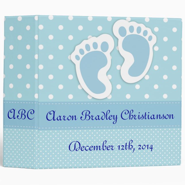 Personalized Blue Baby Boy Footprints Photo Album 3 Ring Binder (Front/Spine)