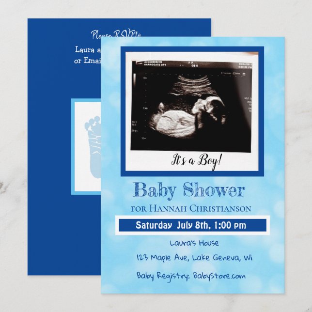 Personalized Blue Baby Boy Ultrasound Baby Shower Invitation (Front/Back)
