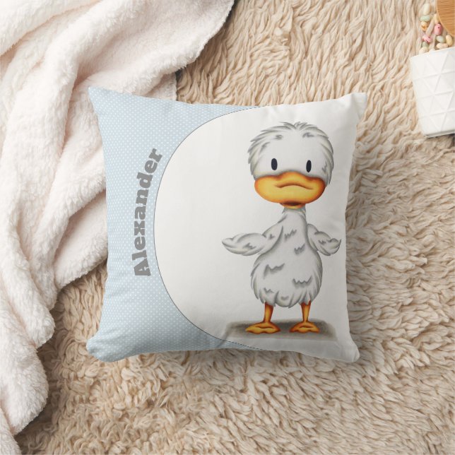Personalized Blue Baby Duck Nursery Throw Pillow (Blanket)