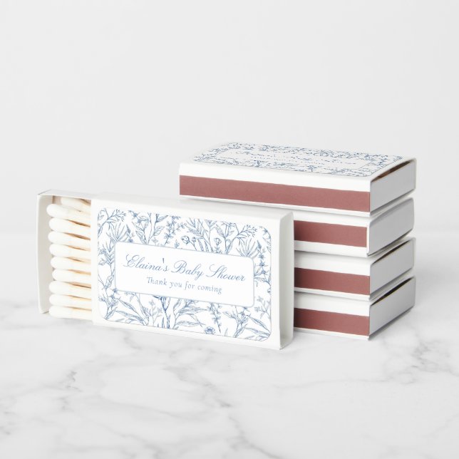 Personalized Blue Baby Shower Favor Line Drawn Matchboxes (Stacked)