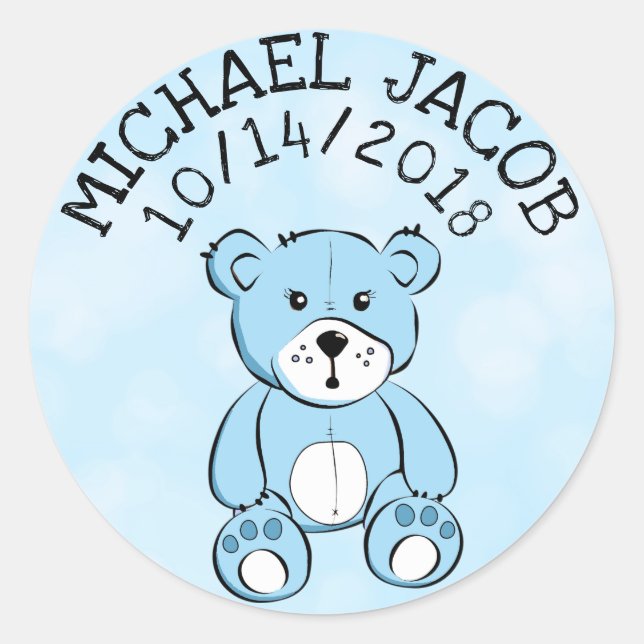 Personalized Blue Baby Teddy Bear Announcement Classic Round Sticker (Front)