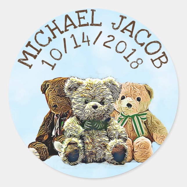 Personalized Blue Baby Teddy Bear Announcement Classic Round Sticker (Front)