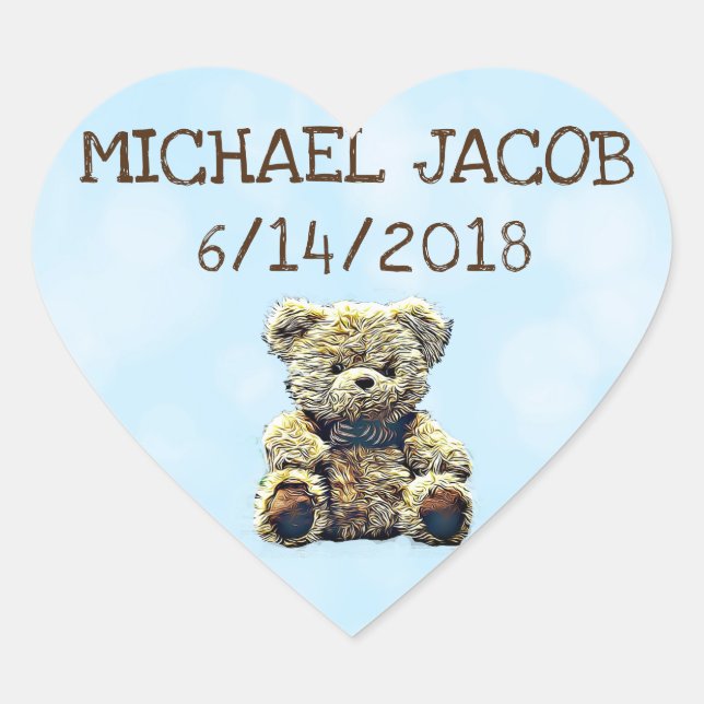 Personalized Blue Baby Teddy Bear Announcement Heart Sticker (Front)