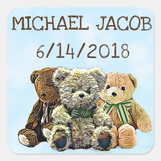 Personalized Blue Baby Teddy Bear Announcement Square Sticker (Front)