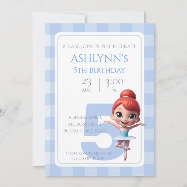 Personalized Blue Ballerina Dance Party Birthday Invitation (Front)