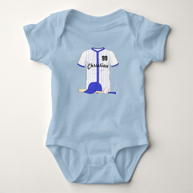 Personalized blue baseball baby bodysuit (Front)