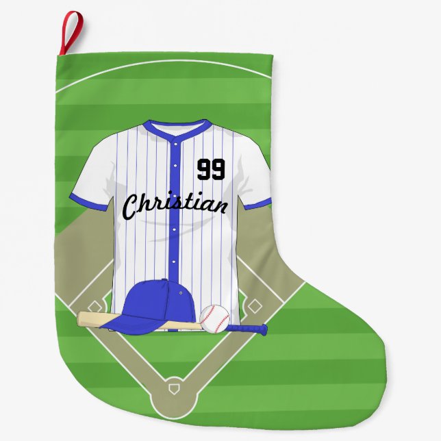 Personalized blue baseball large christmas stocking (Front)