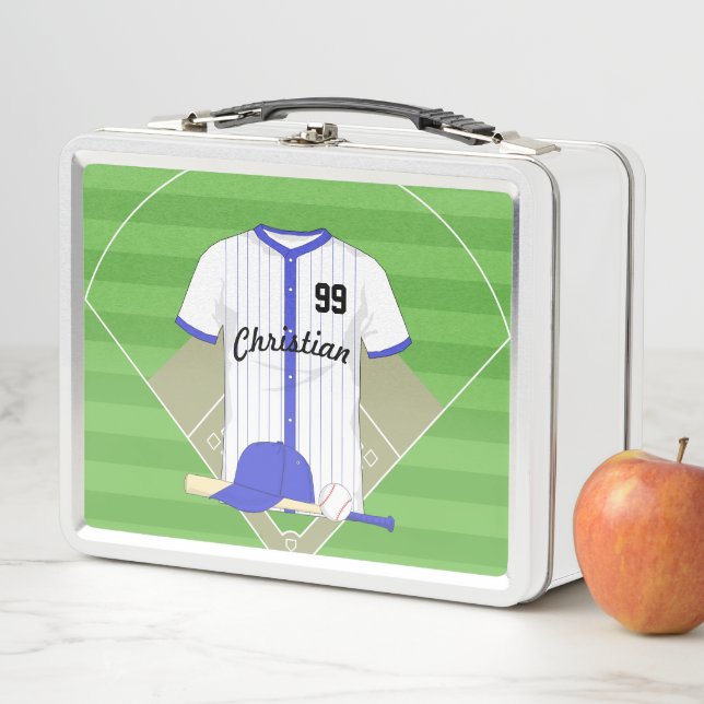 Personalized blue baseball metal lunch box (In Situ)
