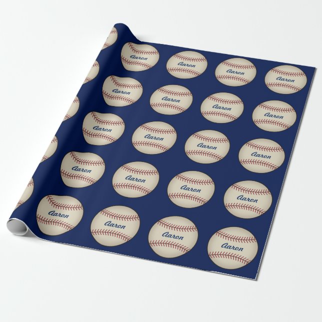 Personalized Blue Baseball Wrapping Paper (Unrolled)