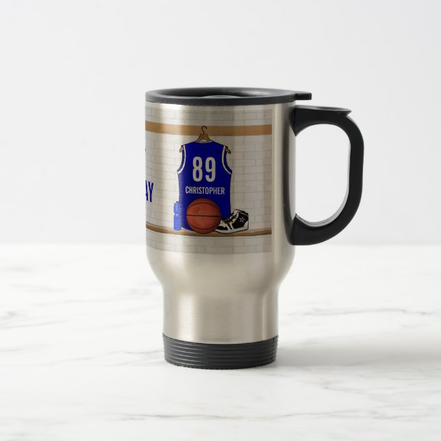 Personalized Blue Basketball Jersey Travel Mug (Right)