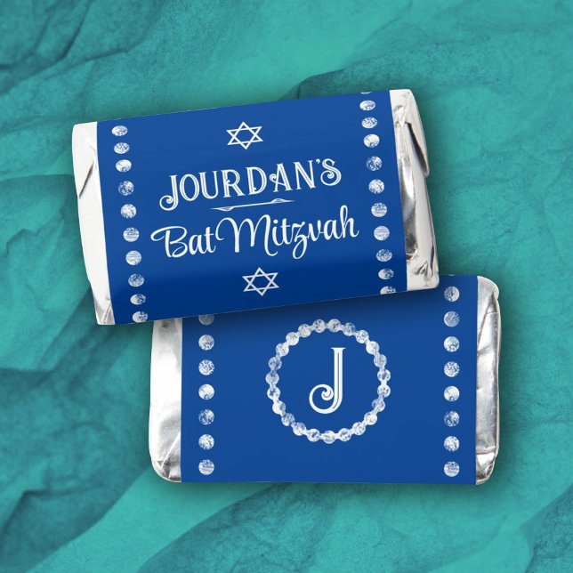 Personalized Blue Bat Mitzvah Candy Bar Label Hershey's Miniatures (blue chocolate bar with boys name bar mitzvah candy bar wrapper personalized name and monogram)