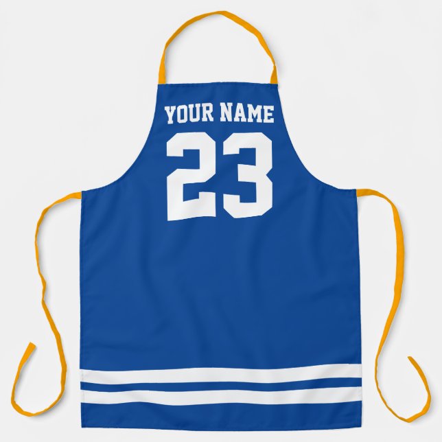 Personalized blue BBQ apron with jersey number (Front)