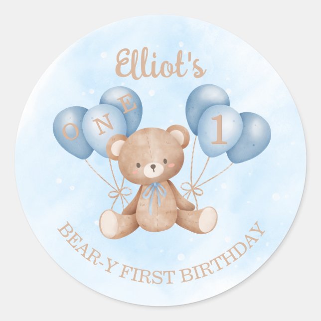 Personalized Blue Bear-y First Birthday Sticker  (Front)