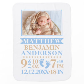 Personalized Blue Beige Baby Boy Birth Stats PHOTO Blanket