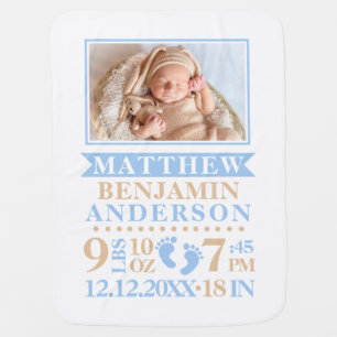 Personalized Blue Beige Baby Boy Birth Stats PHOTO Blanket