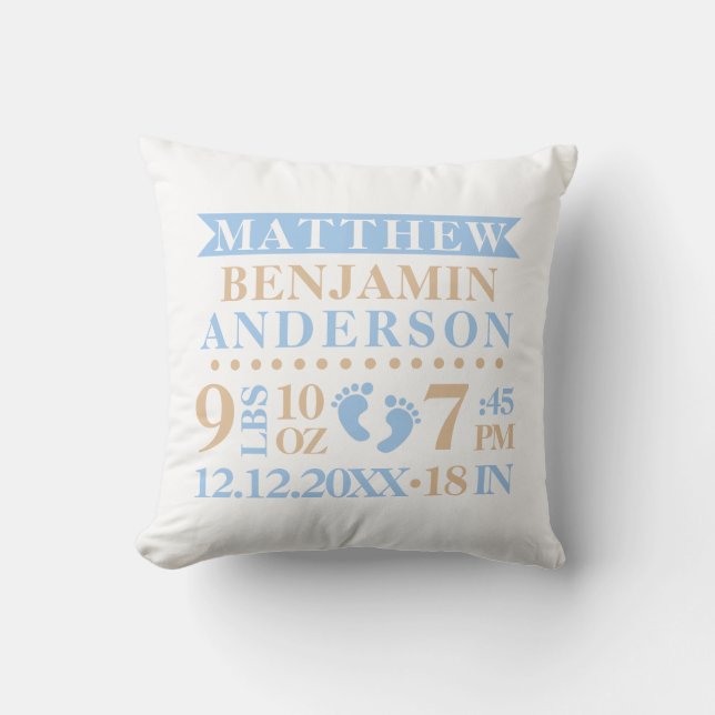 Personalized Blue Beige Brown BABY Boy Nursery Throw Pillow (Front)
