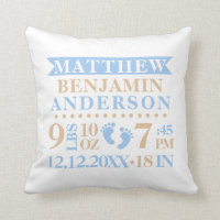 Personalized Blue Beige Brown BABY Boy Nursery Throw Pillow