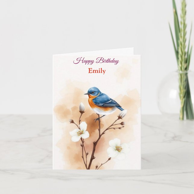 Personalized Blue Bird Flowers Watercolor birthday Card (Front)