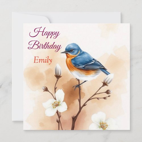 Personalized Blue Bird Flowers Watercolor birthday