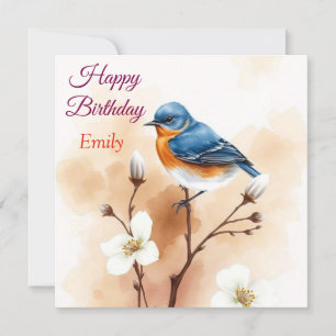 Personalized Blue Bird Flowers Watercolor birthday Card